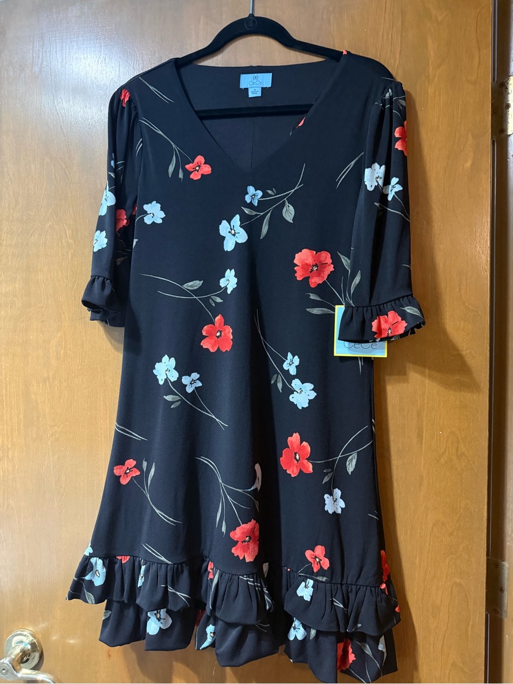 Flowy Garden Print Dress with Red and Blue Floral Design